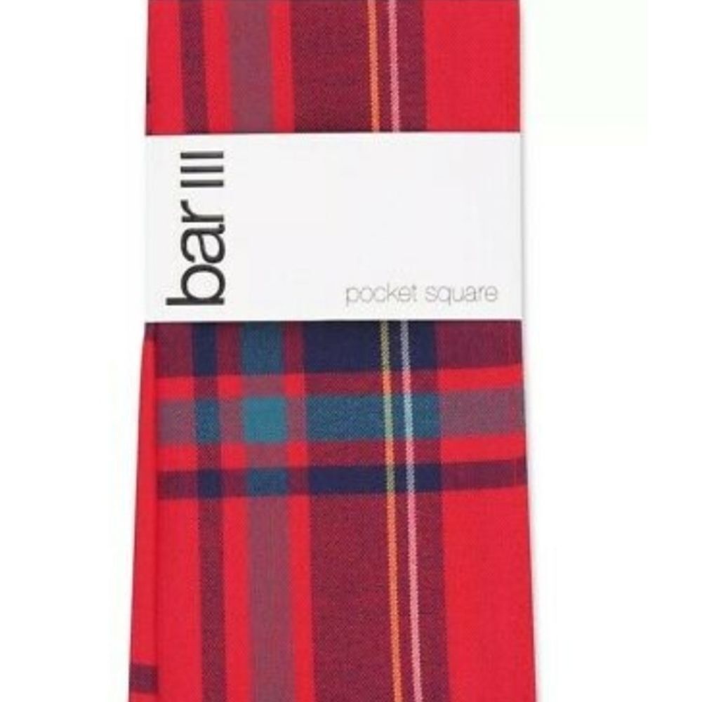 Bar III Men's Pocket Square Red Abby Plaid Print P